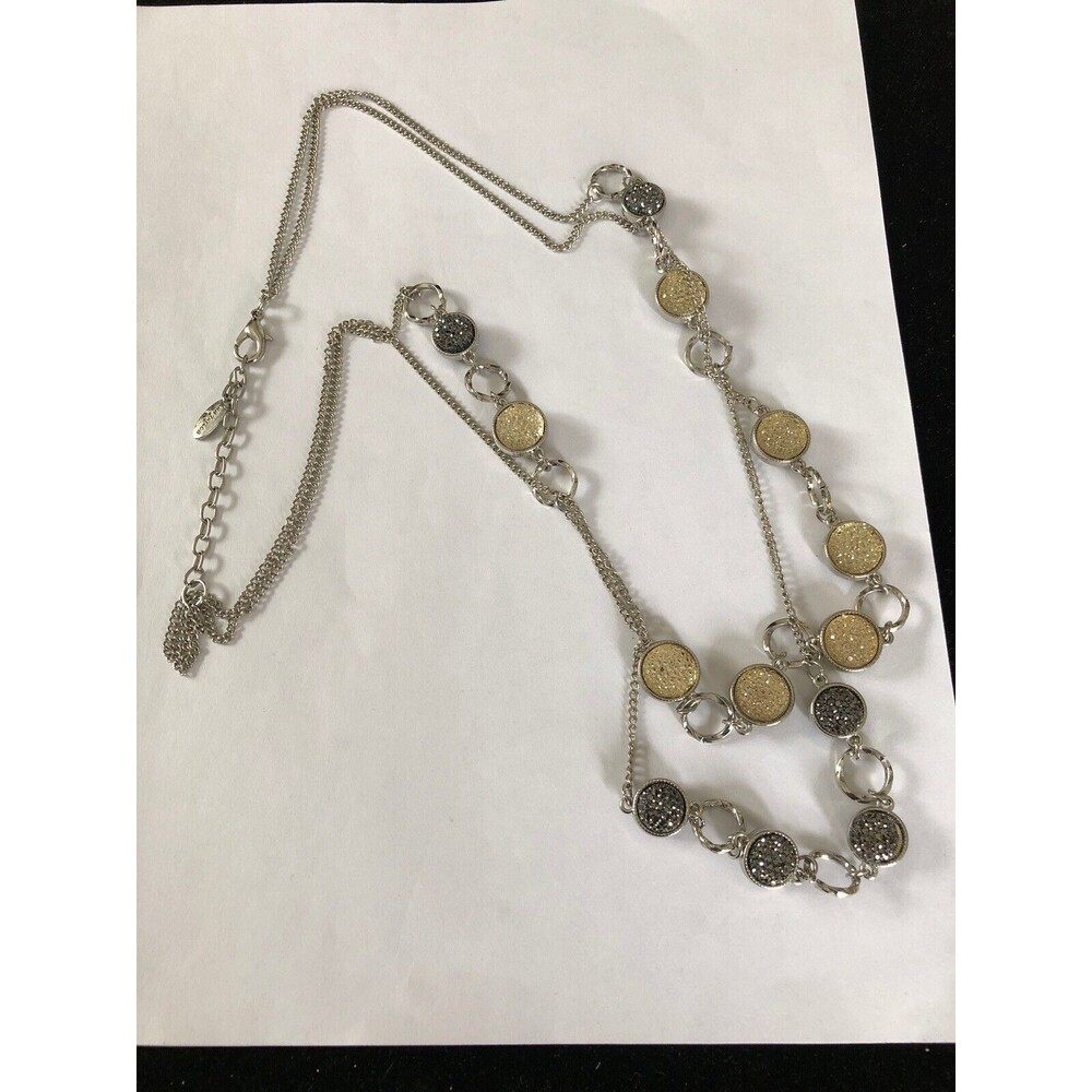 Ann Taylor Loft Pave crystals-Bead,Silver Tone Chain, Double Strand 30”Necklace
